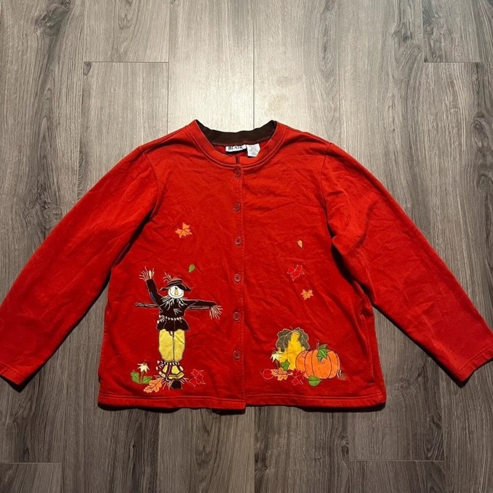 Vintage Blair Fall Scarecrow Pumpkin Cardigan Sweatshirt Women's XL Orange